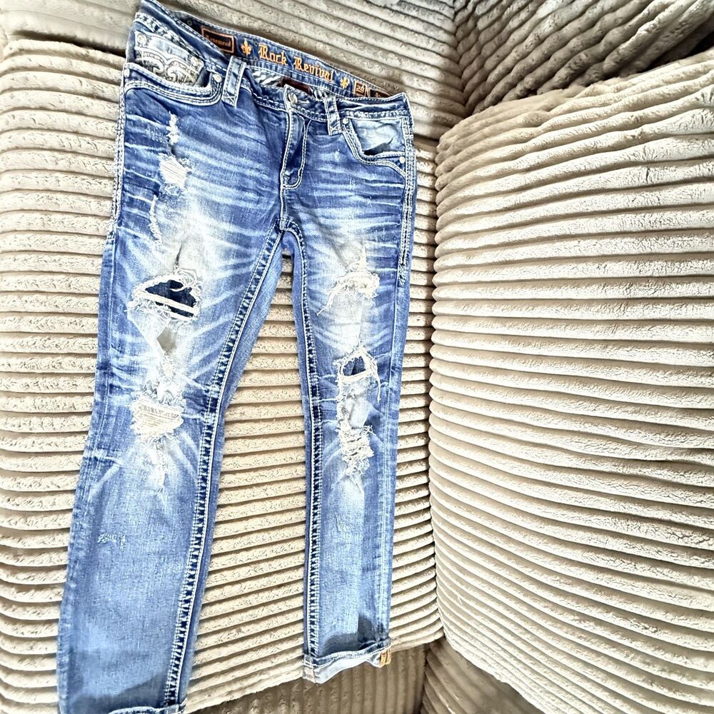 Rock Revival Distressed Straight Jeans Rhinestone Blue Women’s 29